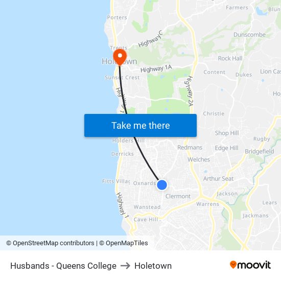 Husbands - Queens College to Holetown map