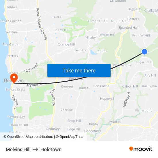 Melvins Hill to Holetown map