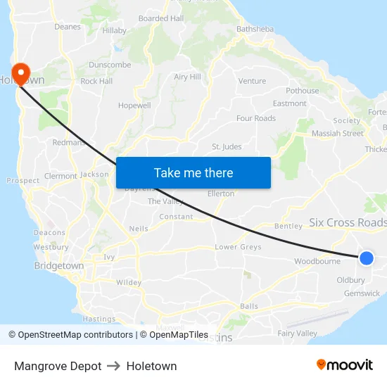 Mangrove Depot to Holetown map