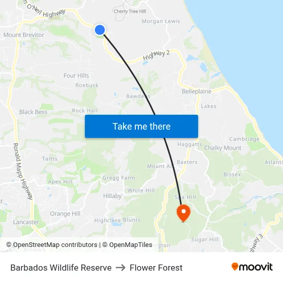 Barbados Wildlife Reserve to Flower Forest map
