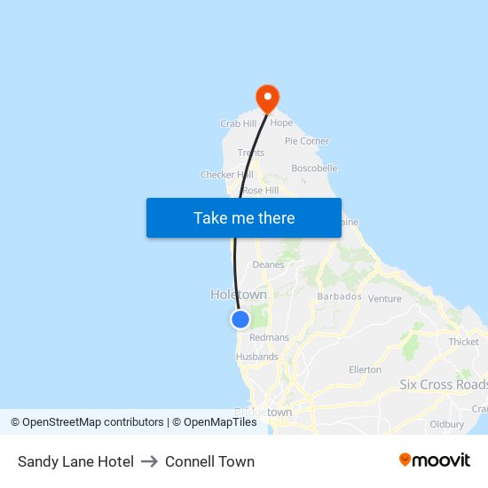 Sandy Lane Hotel to Connell Town map