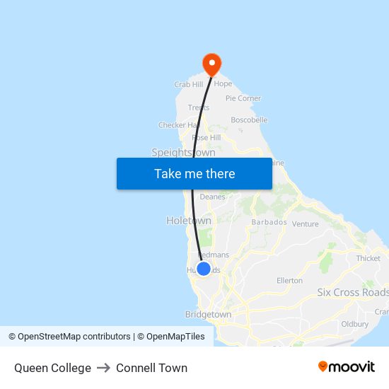 Queen College to Connell Town map