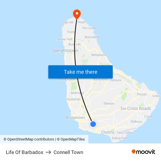 Life Of Barbados to Connell Town map