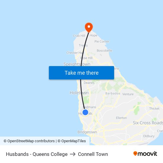 Husbands - Queens College to Connell Town map