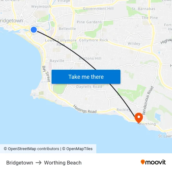 Bridgetown to Worthing Beach map