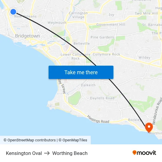 Kensington Oval to Worthing Beach map