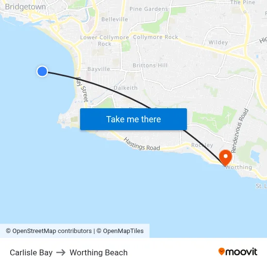 Carlisle Bay to Worthing Beach map