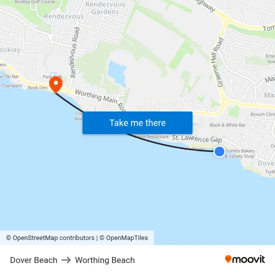Dover Beach to Worthing Beach map