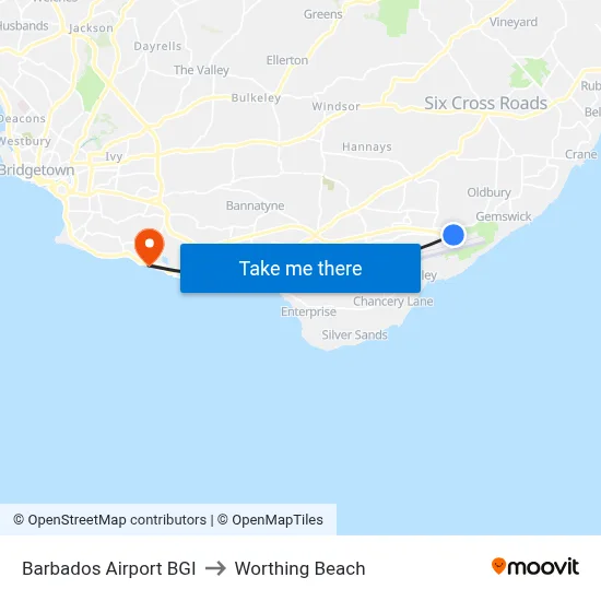 Barbados Airport BGI to Worthing Beach map
