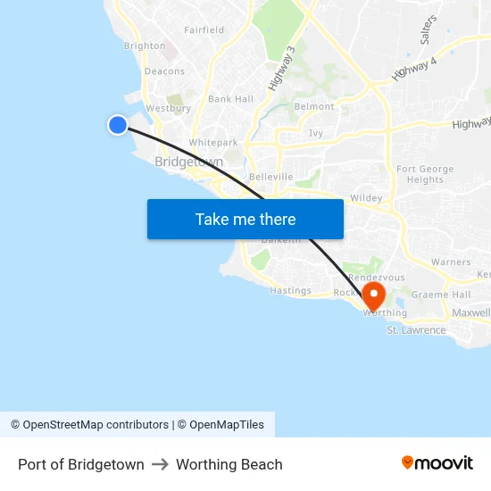 Port of Bridgetown to Worthing Beach map