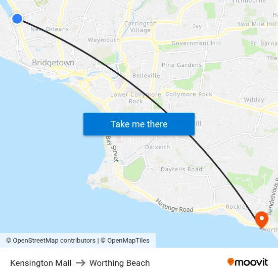 Kensington Mall to Worthing Beach map