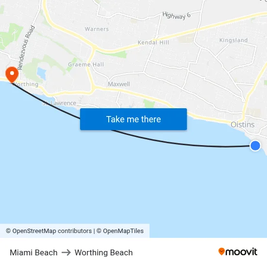 Miami Beach to Worthing Beach map