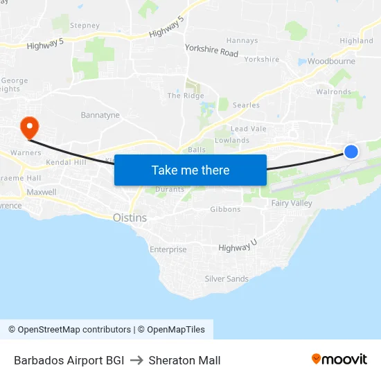 Barbados Airport BGI to Sheraton Mall map