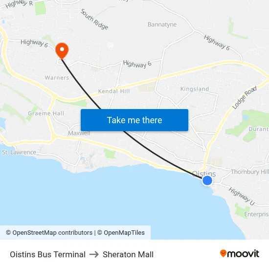 Oistins Bus Terminal to Sheraton Mall map