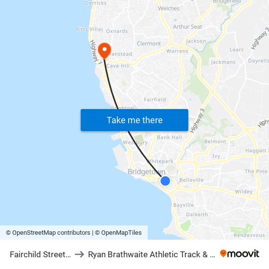 Fairchild Street Terminal to Ryan Brathwaite Athletic Track & Fifa Football Field map