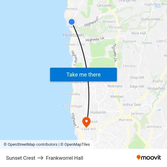 Sunset Crest to Frankworrel Hall map