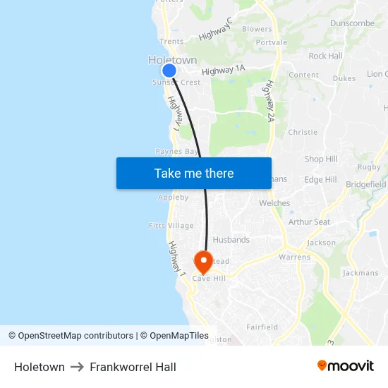Holetown to Frankworrel Hall map
