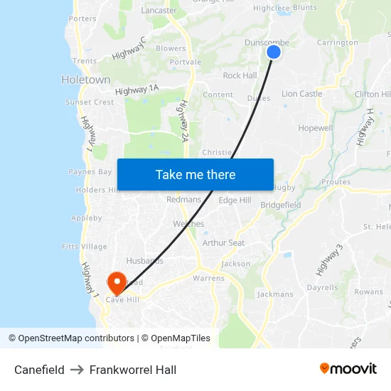 Canefield to Frankworrel Hall map