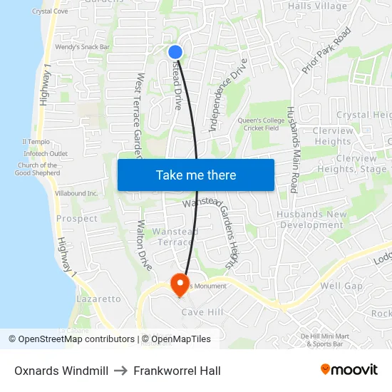 Oxnards Windmill to Frankworrel Hall map