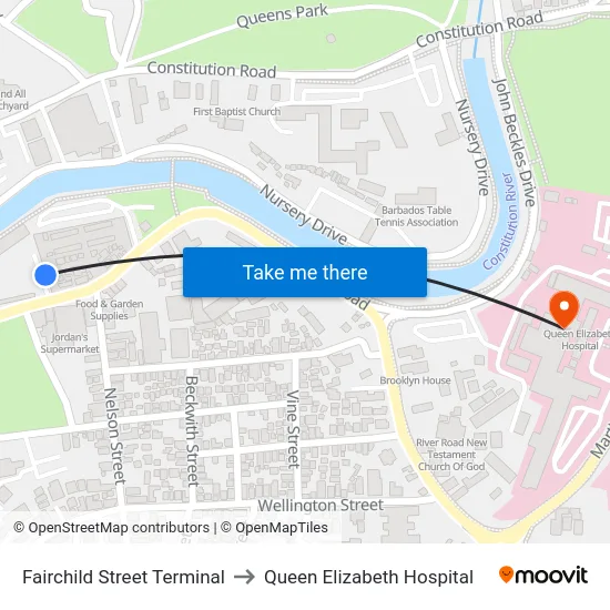 Fairchild Street Terminal to Queen Elizabeth Hospital map
