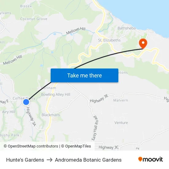 Hunte's Gardens to Andromeda Botanic Gardens map
