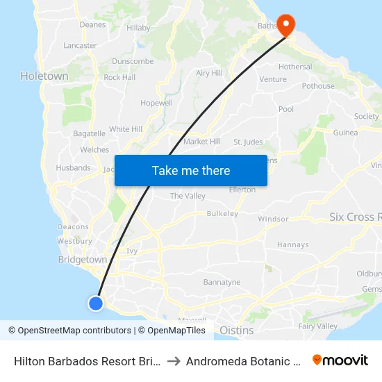 Hilton Barbados Resort Bridgetown to Andromeda Botanic Gardens map