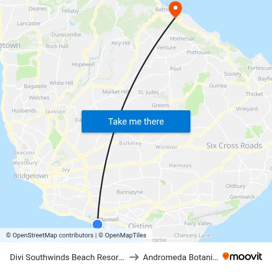Divi Southwinds Beach Resort Christ Church to Andromeda Botanic Gardens map