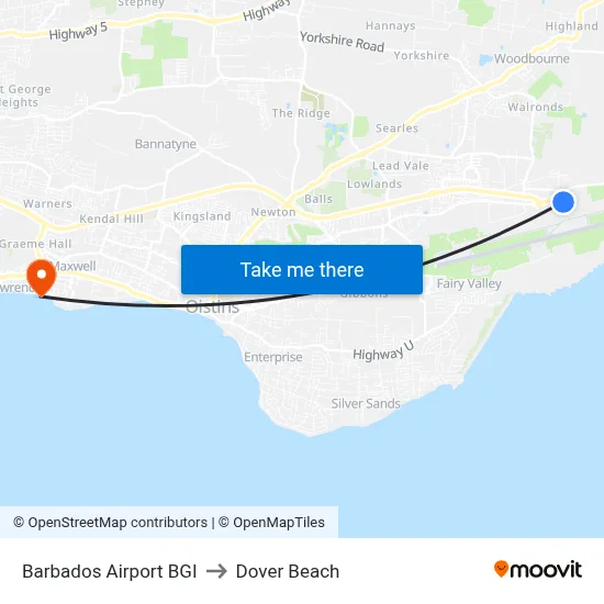 Barbados Airport BGI to Dover Beach map