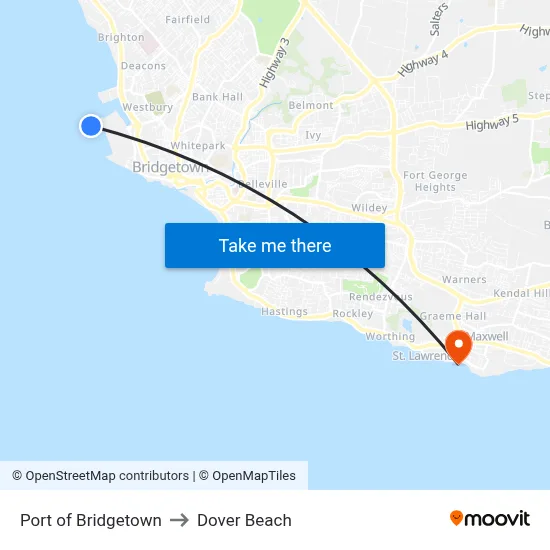 Port of Bridgetown to Dover Beach map
