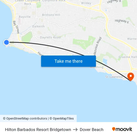Hilton Barbados Resort Bridgetown to Dover Beach map