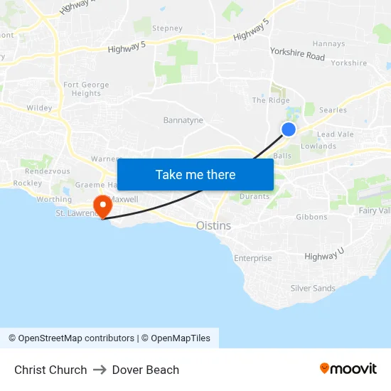 Christ Church to Dover Beach map