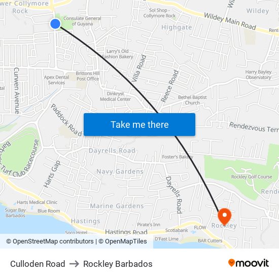 Culloden Road to Rockley Barbados map