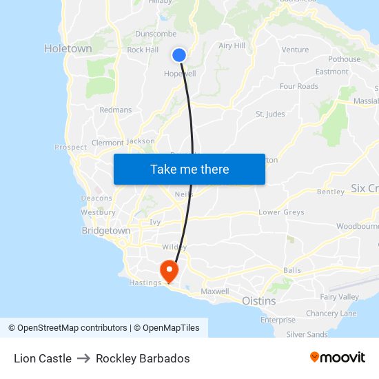 Lion Castle to Rockley Barbados map