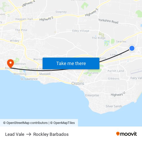 Lead Vale to Rockley Barbados map