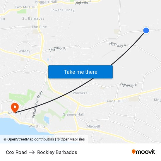 Cox Road to Rockley Barbados map