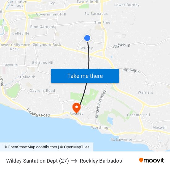 Wildey-Santation Dept (27) to Rockley Barbados map
