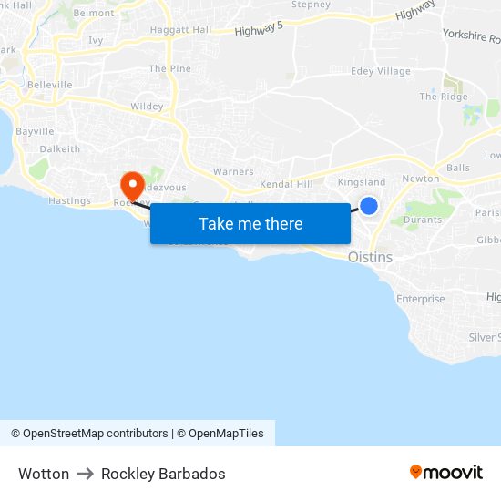 Wotton to Rockley Barbados map