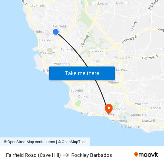 Fairfield Road (Cave Hill) to Rockley Barbados map
