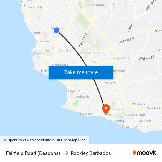 Fairfield Road (Deacons) to Rockley Barbados map