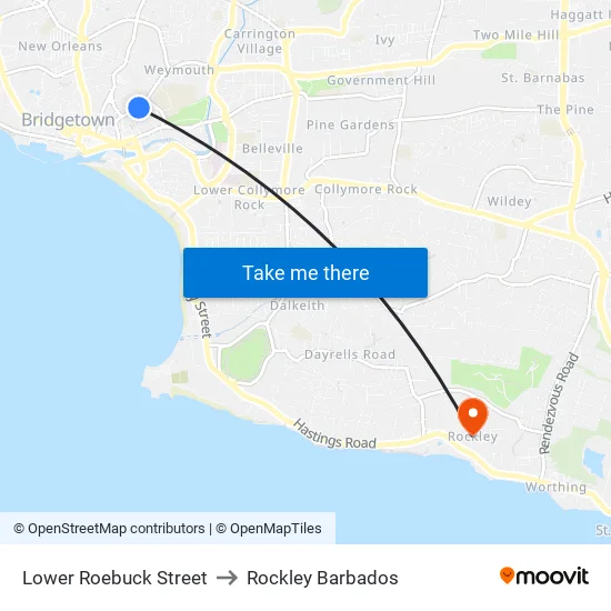 Lower Roebuck Street to Rockley Barbados map