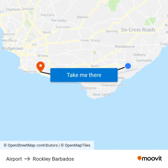 Airport to Rockley Barbados map