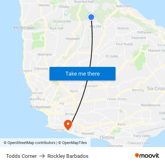Todds Corner to Rockley Barbados map
