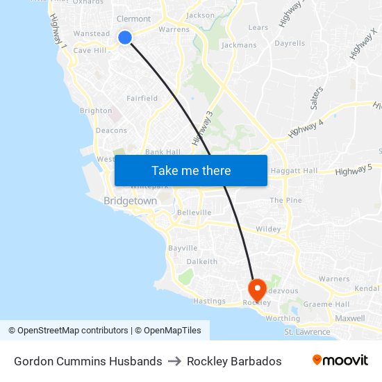 Gordon Cummins Husbands to Rockley Barbados map