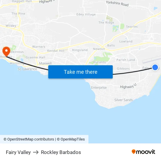 Fairy Valley to Rockley Barbados map