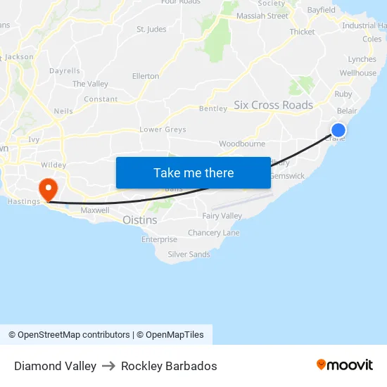 Diamond Valley to Rockley Barbados map