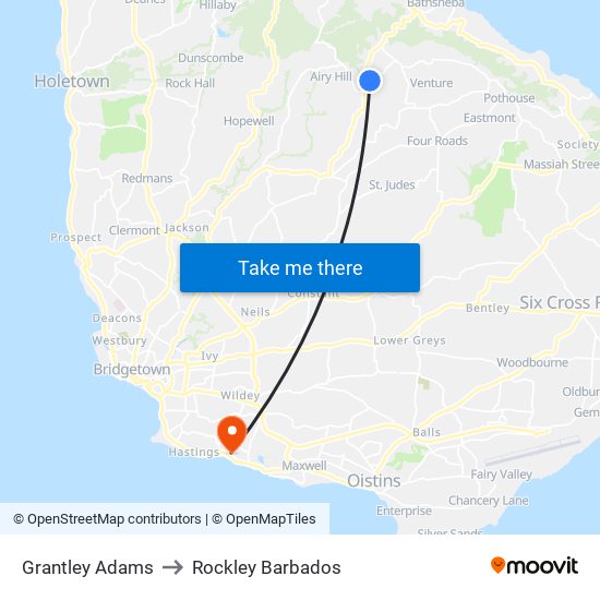 Grantley Adams to Rockley Barbados map