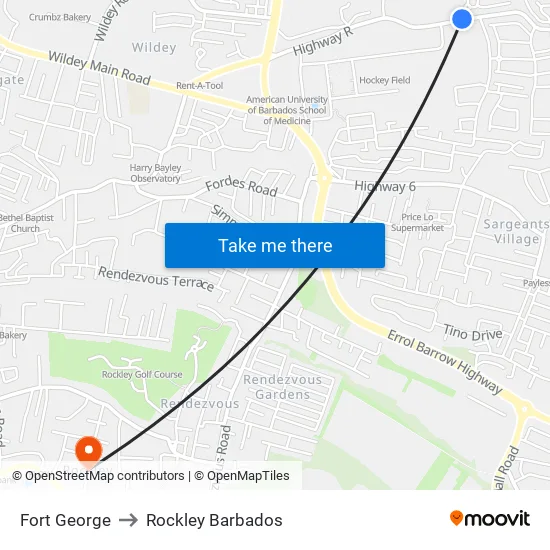 Fort George to Rockley Barbados map