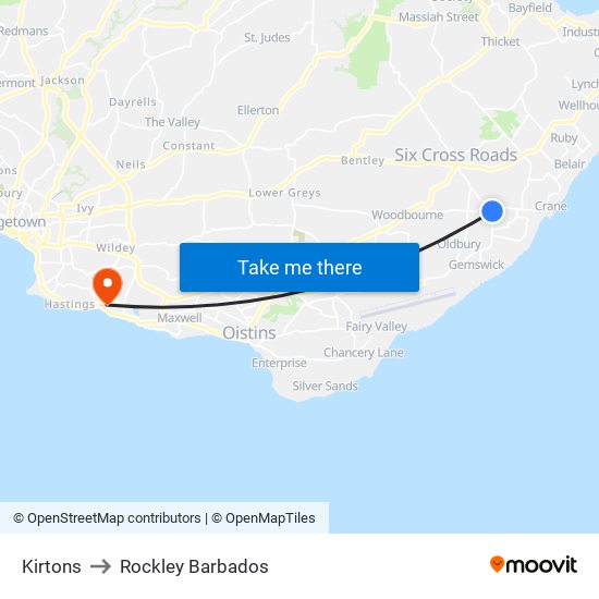 Kirtons to Rockley Barbados map