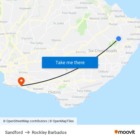 Sandford to Rockley Barbados map