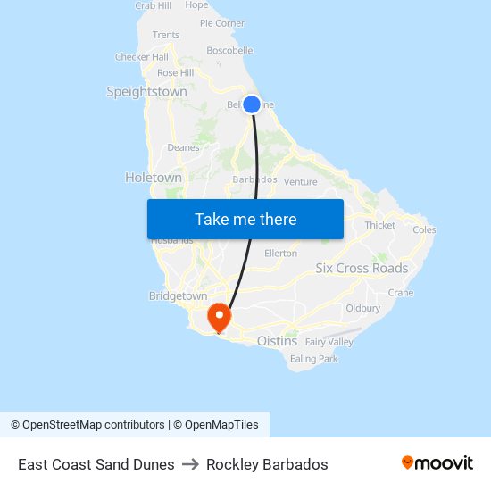 East Coast Sand Dunes to Rockley Barbados map